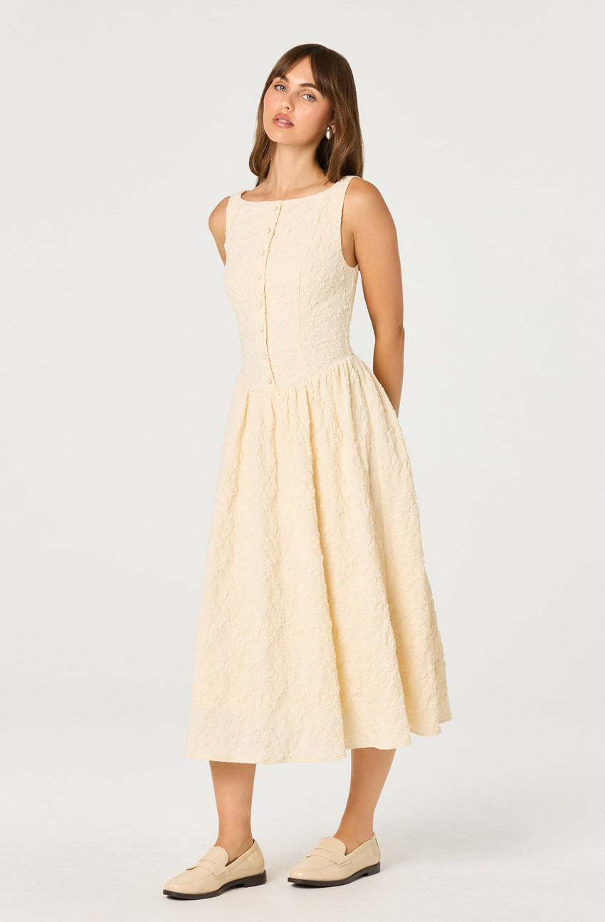 Button Front Boat Neck Midi Dress