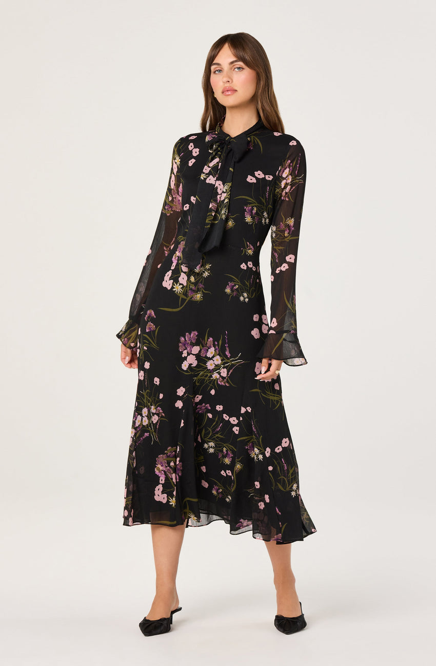 Tie-Neck Ruffled Floral Midi Dress