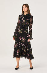 Tie-Neck Ruffled Floral Midi Dress
