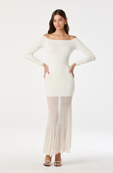 Off Shoulder Mesh Panel Hem Maxi Dress