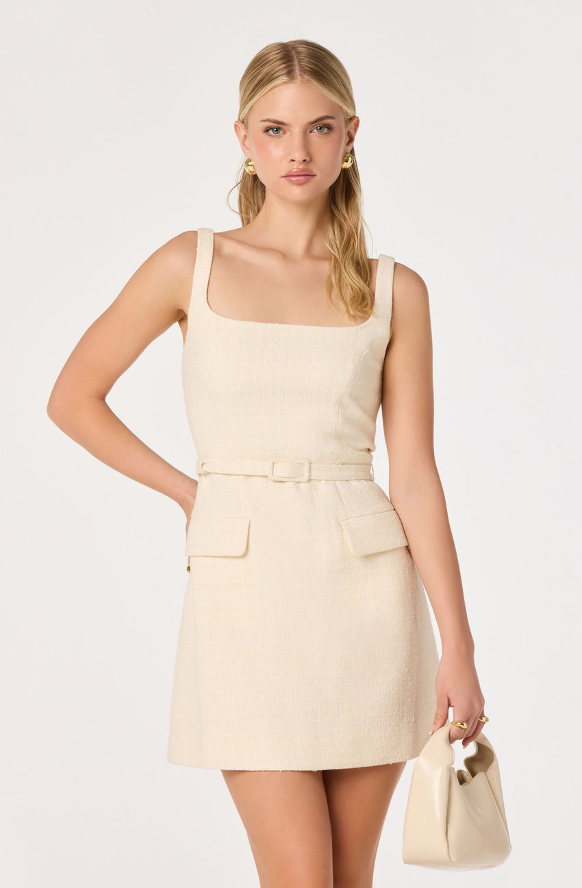 Adelyn Belted Tweed Mini Dress