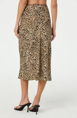 Satin Leopard Print Midi Skirt