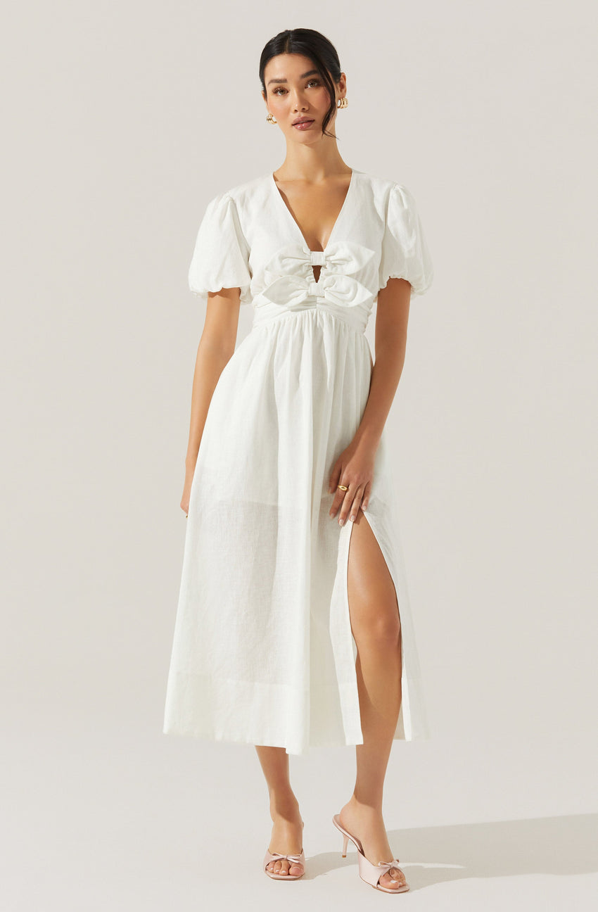 Citrine Linen Bow Front Midi Dress