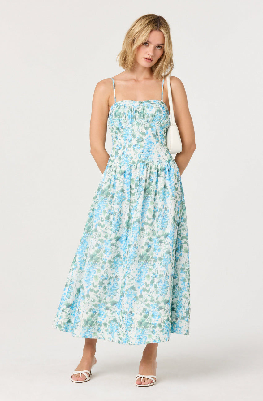 Capria Pleated Milkmaid Midi Dress