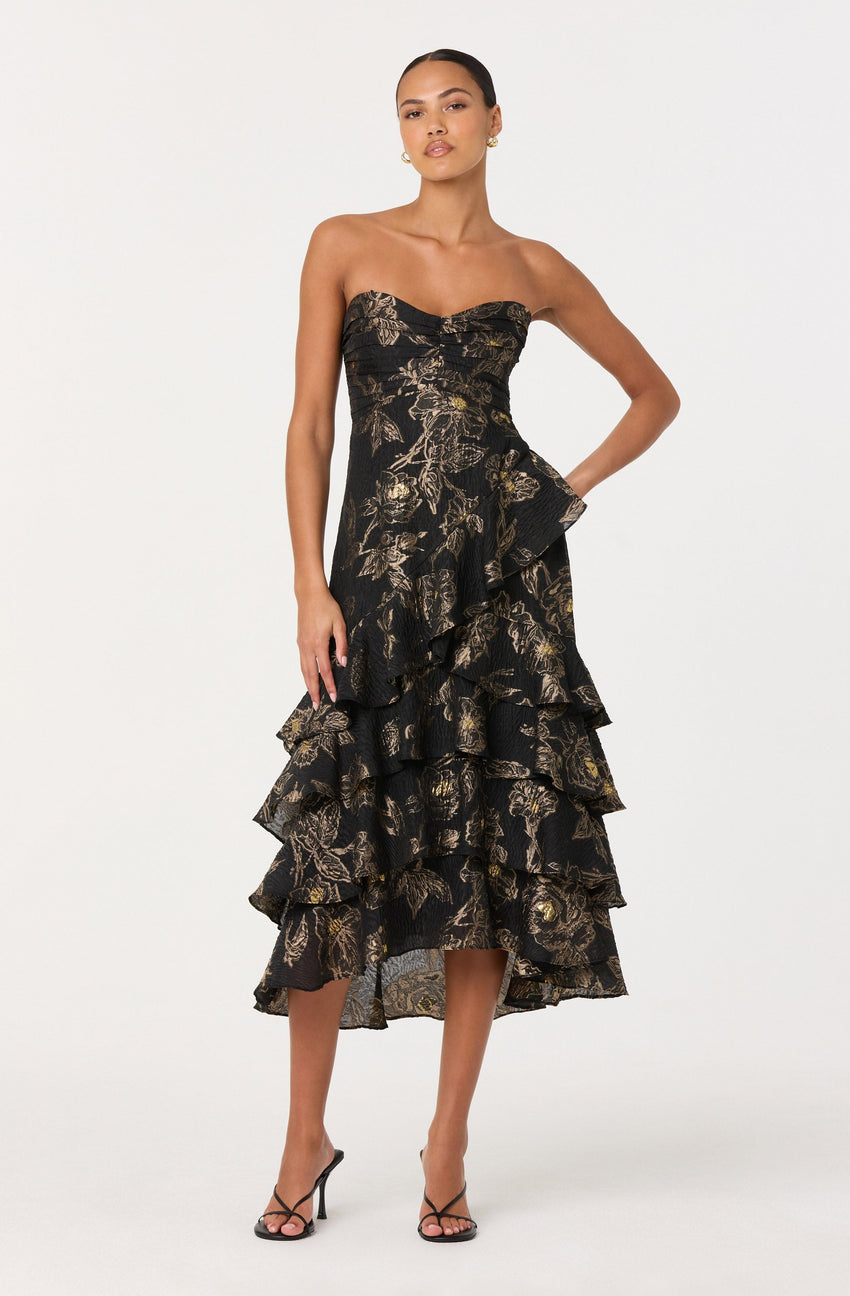 Marysia Strapless Metallic Floral Midi Dress