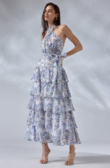 Adamaris Floral Halter Tiered Ruffle Maxi Dress