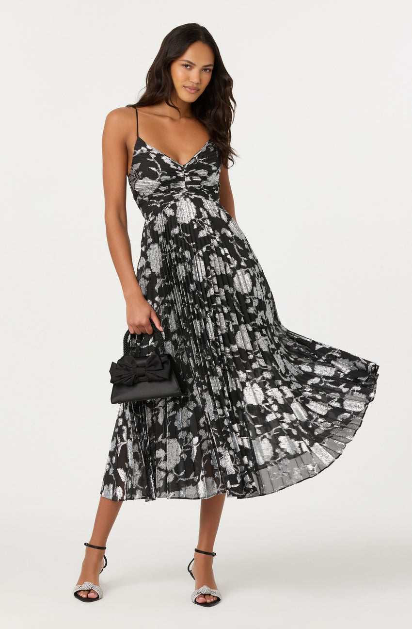 Saoirse Metallic Pleated Midi Dress