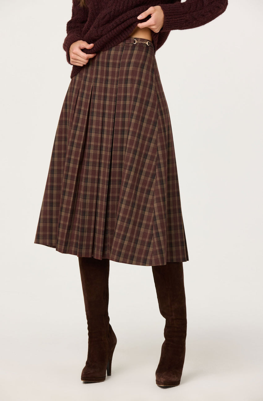 Vena Pleated Plaid Midi Skirt