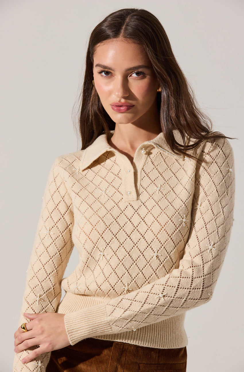 Aspyn Embellished Pointelle Polo Sweater