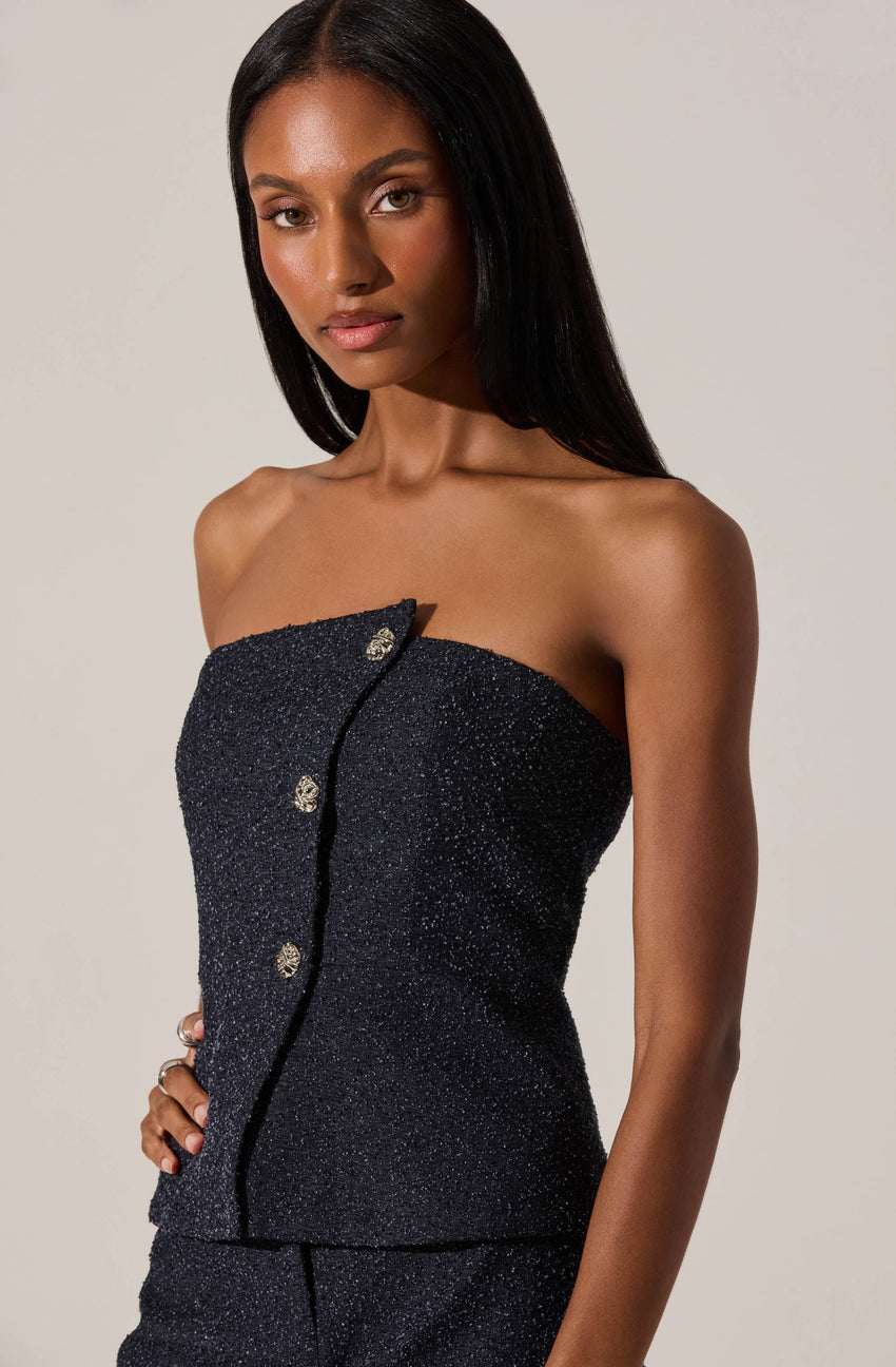 Moina Asymmetrical Strapless Tweed Top