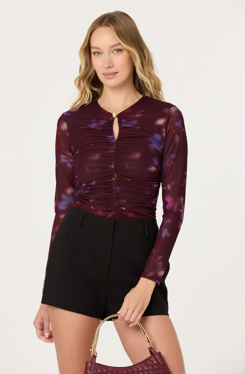 Yasmine Floral Mesh Ruched Top