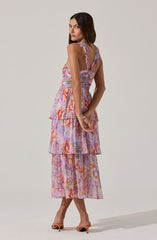 Tiered Floral Cutout Midi Dress