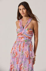 Tiered Floral Cutout Midi Dress