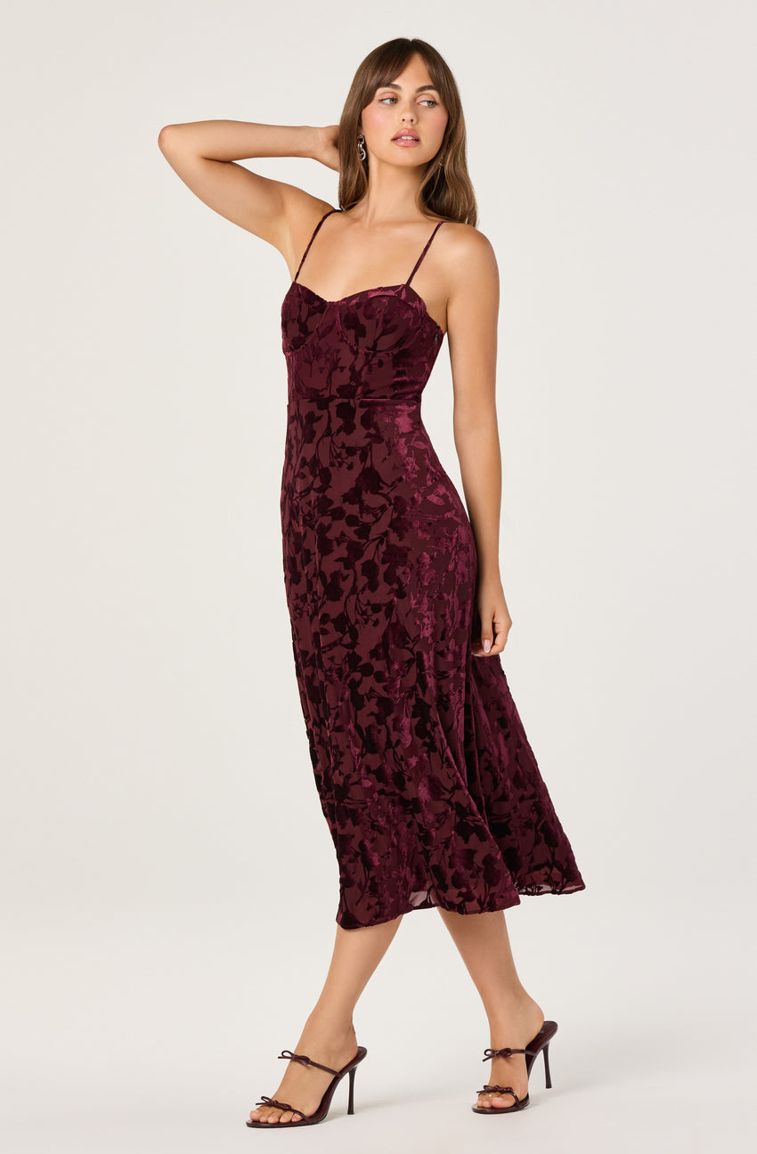 Velvet Floral Burnout Bustier Midi Dress