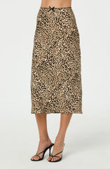 Satin Leopard Print Midi Skirt