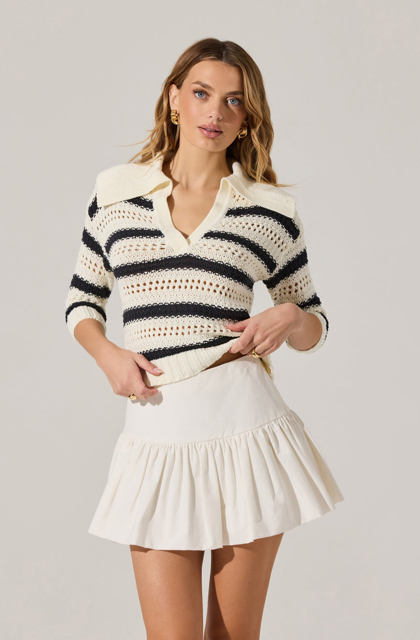Striped Open Knit Polo Sweater