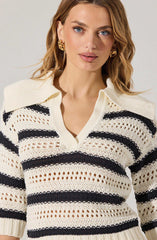 Striped Open Knit Polo Sweater