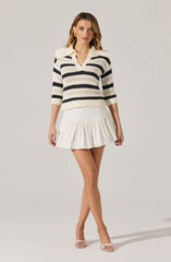 Striped Open Knit Polo Sweater